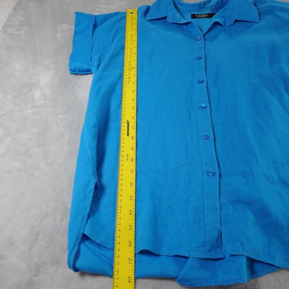 Lauren Ralph Lauren 100% Linen Button Up Shirt Women L Blue Short Sleeve Classic - Picture 7 of 12